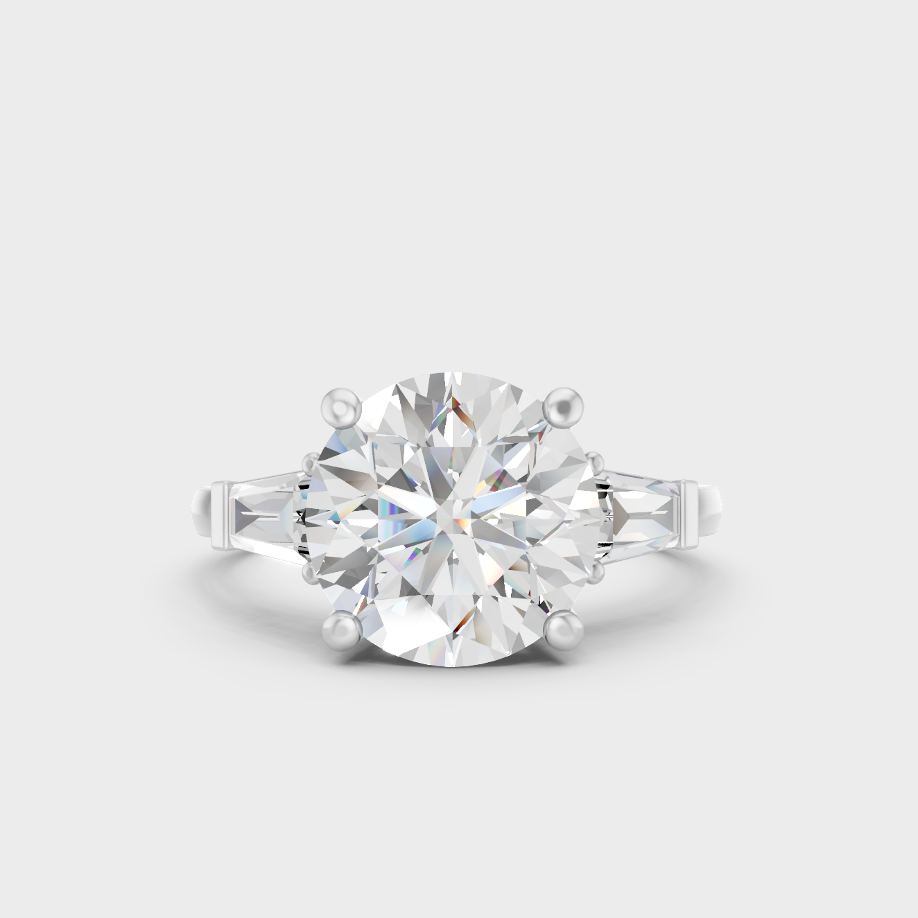 IGI certified 3.32 Ct round and baguette cut lab-grown diamond three-stone ring in 950 platinum.